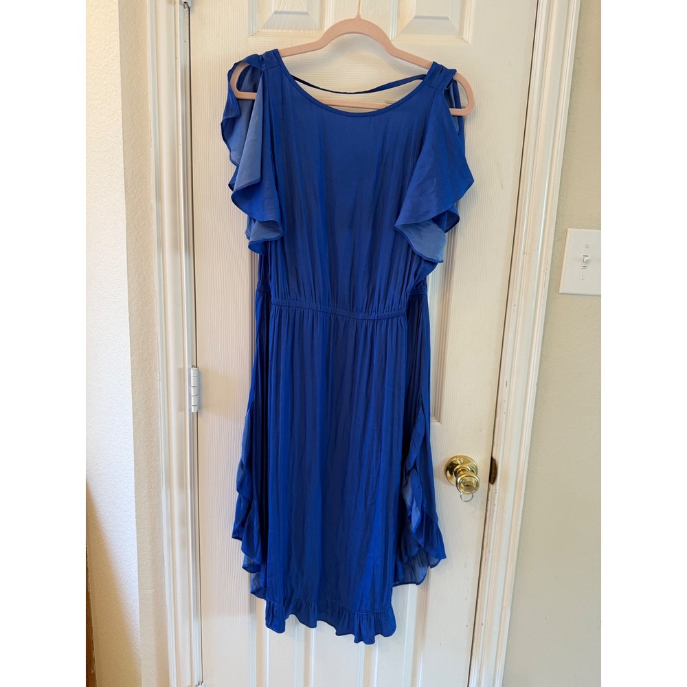 LOFT Royal‎ Blue Flutter Sleeve Chiffon Dress Ruffle Hem Size Large